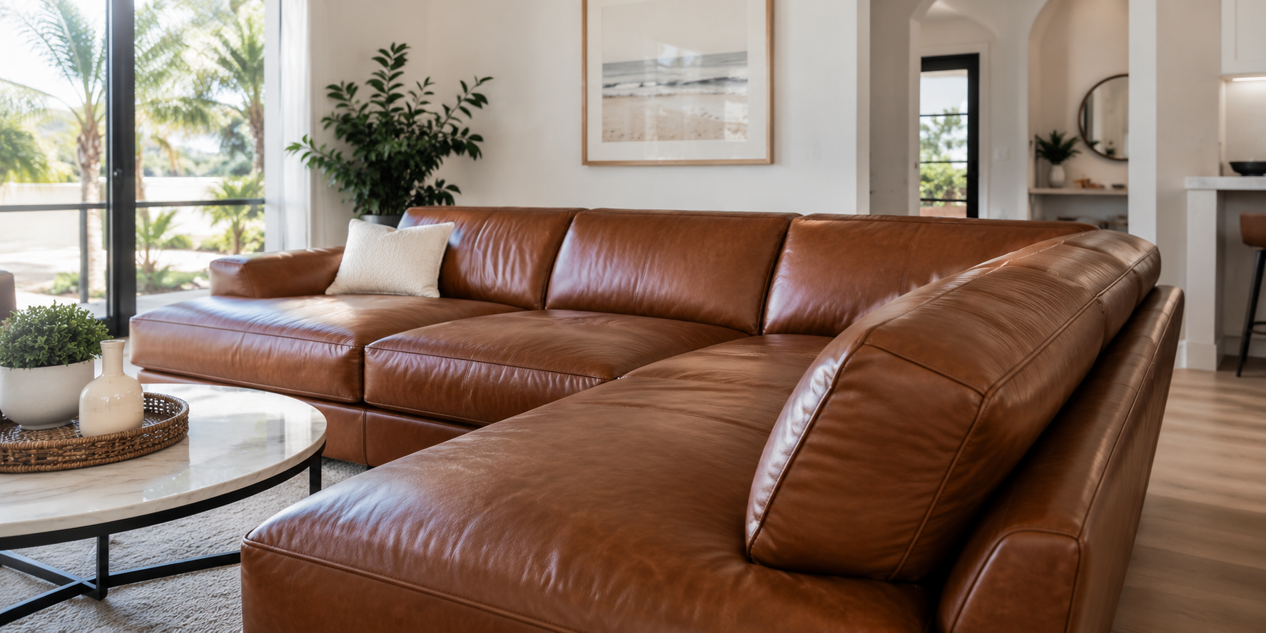 Brand-new cognac leather sectional in a bright Florida home